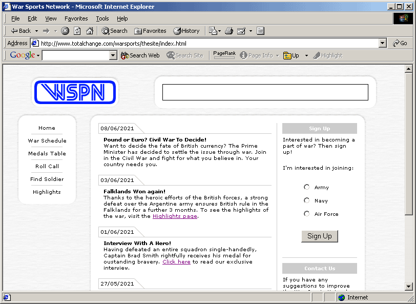 Screenshot of the War Sports Net website